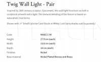 Настенный светильник Twig Wall Light - Pair WA0221.NI Vaughan