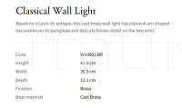 Настенный светильник Classical WA0002.BR Vaughan